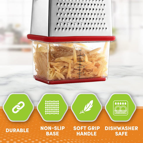 Spring Chef Professional Red 10" Parmesan Cheese Grater With Container, Stainless Steel & Soft Grip Handle, 4 Sided Kitchen Carrot Shredder, Handh...