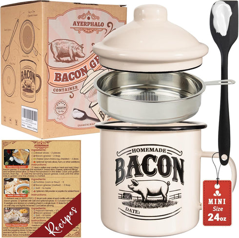 Bacon Grease Container with Strainer - With Food-Grade Silicone Spatula, 24oz Enamel Rustic Farmhouse Fat Container, Keeper, Recipes, Dishwasher S...
