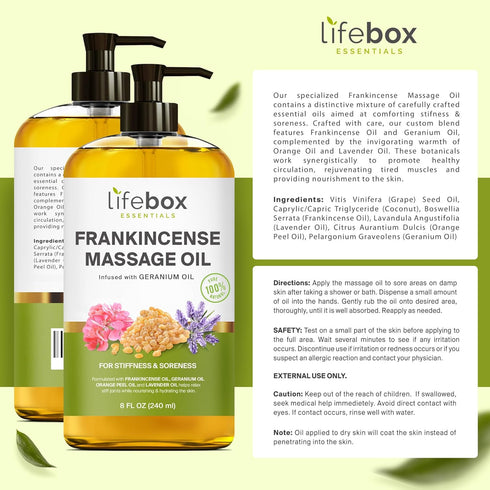 Frankincense Massage Oil – 100% Pure & Natural - Massage Therapy Oil for Soreness & Stiffness – Stretch Marks and Scars Body Oil Infused with Fran...