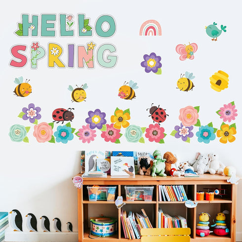 Hello Spring Bulletin Board Flower Bulletin Board Floral Paper Cutouts Floral Bulletin Board Decoration Butterfly Bird Bee Classroom Decor for Kin...