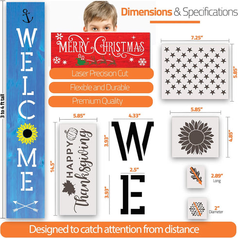 Welcome Stencil, Large Stencils for Painting on Wood Reusable, 26 PC Set to Celebrate Holidays, Home, Easter, Halloween, Christmas, Spring, Large ...