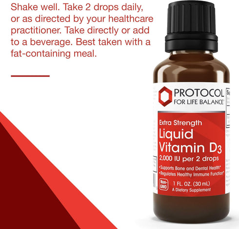 Protocol Liquid Vitamin D3 2,000 IU - Extra Strength - Bone & Teeth Support* - Dietary Supplement for Immunity & Bone Mineralization* - Non-GMO, H...