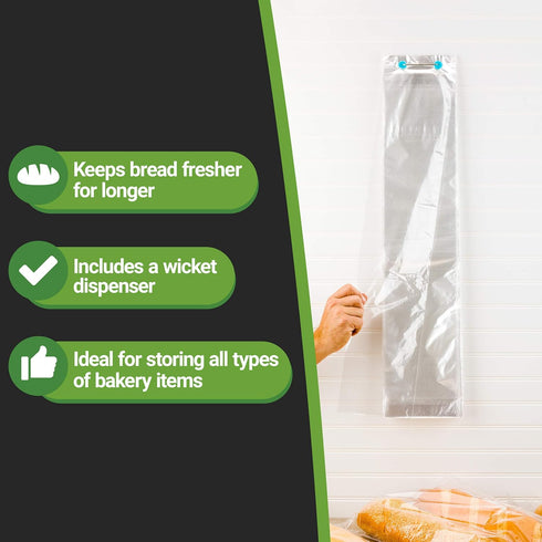 Restaurantware Bag Tek 28 Inch x 6 Inch Bread Bags 250 With Wicket Dispenser Bread Loaf Bags - Micro Perforated Freezer Safe Clear Plastic Baguett...