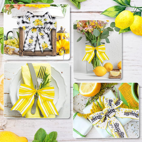 Lemon Wired Edge Ribbon 24 Yards Summer Yellow Lemons Truck Craft Ribbon Buffalo Plaids Farmhouse Fabric Ribbon for Wreath Bow Making DIY Crafts W...