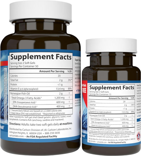 Carlson - Super Omega-3 Gems, 1200 mg Omega-3 Fatty Acids with EPA and DHA, Wild-Caught Norwegian Supplement, Sustainably Sourced Fish Oil Capsule...