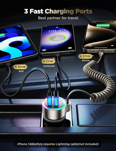 USB C 60W Super Fast Car Charger PD& QC3.0 with 5ft 30W Type C Coiled Cable, Car Phone Charger Adapter for iPhone 15 Pro Max Plus, Samsung Galaxy ...