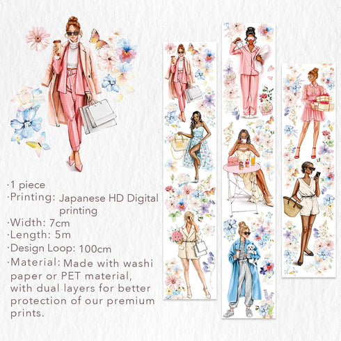 WT Bloom & Vogue Wide PET Tape, Single Roll, Original Designs, Flower Girls Decorative, Characters Figures, Transparent Clear Adhesive, Journal Sc...