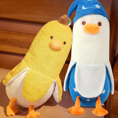 PEACH CAT Cute Long Banana Duck Plush Pillow Toy Cute Duck Plushie with Nightcap Duck Stuffed Animal for Kids White and Blue 19.7"...