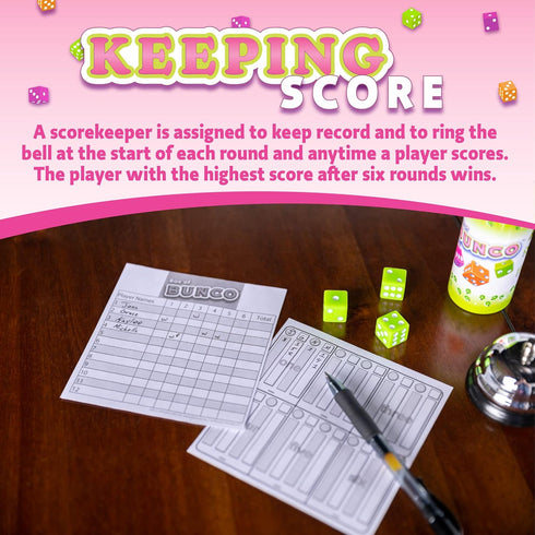 Continuum Games Box of Bunco Game Kit Party Box for Ladies Night 2-12 Players 3 Sets of Bunco Dice, Bell, and Score Pad for Game Night...