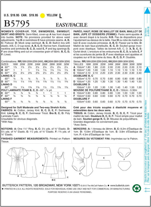 Butterick Patterns B5795 Women's Cover-Up Top Sewing Pattern, Swimdress, Swimsuit, Skirt and Briefs, Size RR (18W-20W-22W-24W)...