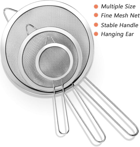3Pcs Super Wire Extra Fine Mesh Strainer with Handle, Small Medium Large Size Sifter Metal Strainer Set, Stainless Steel Sieve Fine Mesh Strainers...