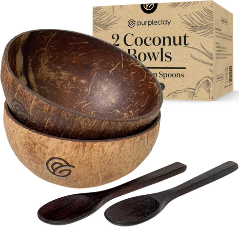 Coconut Bowls and Wooden Spoons Set of 2 – Natural, Hand-Crafted, Vegan-Friendly, Salad, Smoothie or Buddha Bowl and Kitchen Utensils (2 Natural B...