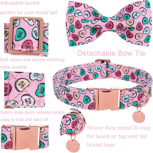 Valentine’s Day Dog Collar with Bow Tie, Valentine Bowtie Collar X-Large Girl Boy Dog, Valentine’s Day & Wedding Gift Pet Collar, Cotton Pink Coll...