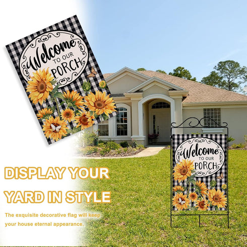 Home Decorative Welcome to Our Porch Spring Summer Sunflower House Flag, Black White Buffalo Plaid Check Yard Outside Decoration, Fall Autumn Farm...