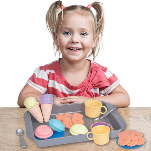 Toddler Food Toys Pretend Playset Colorful Dessert Playset with Realistic Cookies, Macarons, Pies, Cups, Ice Cream, Spoons and Large Tray for Boys...