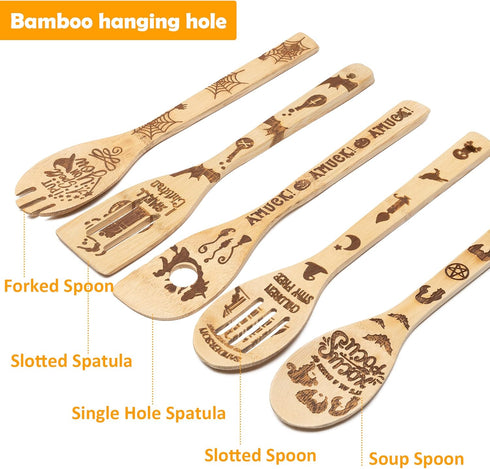 Eartim Hocus Pocus Wooden Cooking Utensil Set - 5Pcs Halloween Kitchen Cooking Gadget Natural Carve Bamboo Spoon Slotted Spatula Non-Stick Cookwar...
