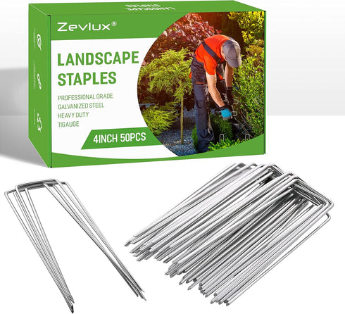 Landscape Staples 4 Inch 50Pcs 12 Gauge Garden Stakes, Heavy Duty Galvanized Garden Staple for Fences, Lawns, Weed Barriers, and Landscape Fabrics...