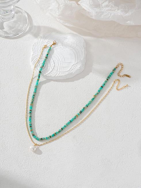 2Pcs Beaded Gemstone Layered Necklace for Women Colorful Boho Bead Choker Necklace Natural Stone Freshwater Pearl Surfer Beach Necklace 14K Gold P...