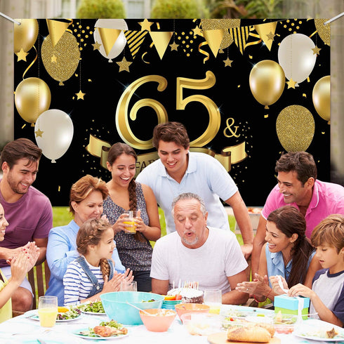 65th Birthday Black Gold Party Decoration, Large Fabric Black Gold Sign Poster for 65th Anniversary Backdrop Banner, 65th Birthday Party Supply Ph...