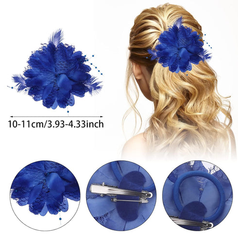 Blue Ladies Feather Flower Hair Clip Elegant Hat Flower Mesh Ribbons Brooch Pin Hair Accessory Fascinator Headwear Floral Corsage for Women and Gi...