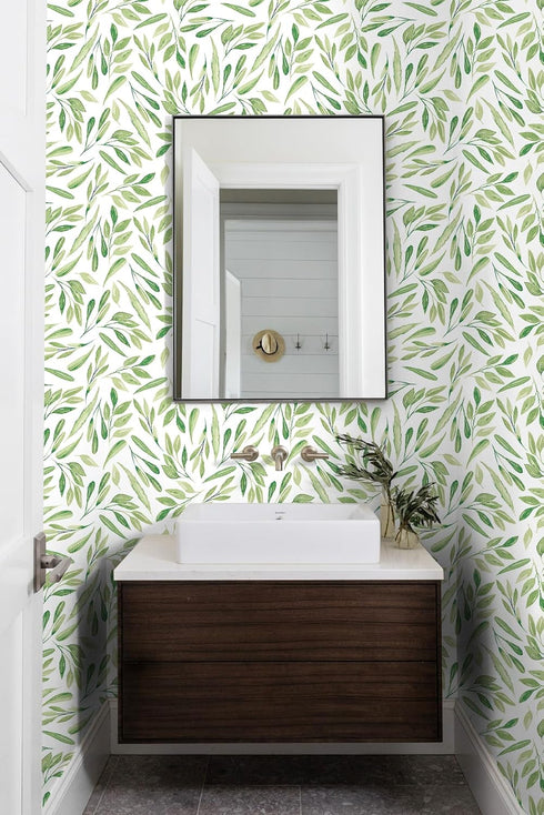 HAOKHOME 93199-2 Boho Peel and Stick Wallpaper Green Branches Leaves Removable Vinyl Self Adhesive Contact Paper 17.7in x 9.8ft...