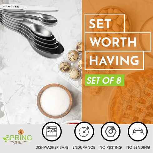 Spring Chef White Stainless Steel Magnetic Measuring Spoons Set of 8 with Leveler, Dual Sided Metal Teaspoon & Tablespoon Measuring Spoons, Fits i...