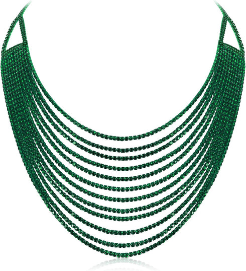 Flyonce Multi Layered Choker Collar Necklace, Glitter Green Rhinestone Crystal Tassel Multi-Strand Fringe Chains Bib Statement Necklace Prom Jewel...