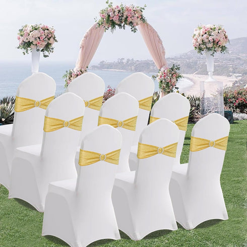 Eternal Beauty Set of 10 Gold Chair Sashes Glitter Chair Band Spandex Chair Sashes for Folding Chairs Wedding...