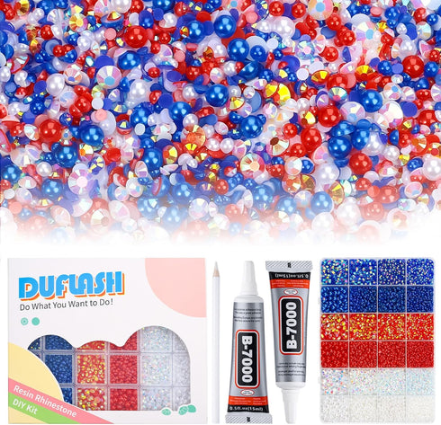 14400PCS Blue Red Flatback Pearls Rhinestones,B7000 Jewelry Glue with Flat Back Pearl and Resin Rhinestones for Crafts,Tumblers,Shoes,Nails,Face A...