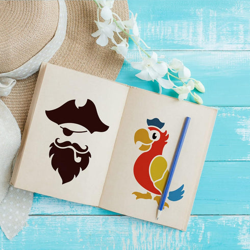 FINGERINSPIRE 9 Pcs Pirate Theme Stencil Sets 5.9x5.9 inch Pirates Machetes Skeletons Stencils Plastic Steering Wheel Parrots Treasure Chest Patte...