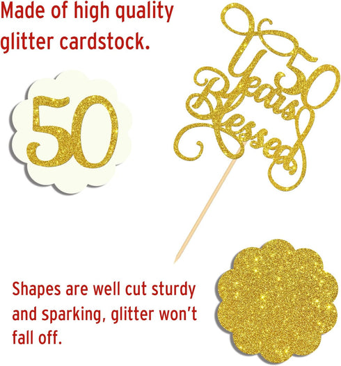 Gold Glitter 50 Years Blessed Cake Topper - for 50th Wedding Anniversary / 50th Anniversary Party / 50th Birthday Party Decorations...