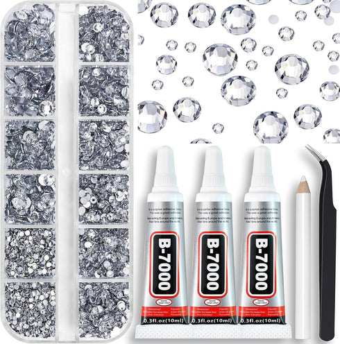B7000 Clear Glue with 4000PCS Silver Clear Rhinestones for Crafts Clothing Fabric Shoes, Glue Fix Flatback Gems for Nails Face Jewelry, Mixed 5 Si...