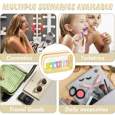 Chenille Letter Clear Makeup Bag Large Nylon Preppy Patch Stuff Cosmetic Bag with Zipper Travel Makeup Pouch Transparent PVC Waterproof Toiletry O...