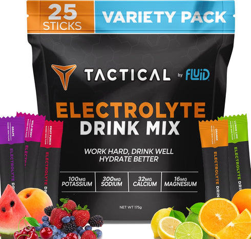 Fluid Tactical - Electrolyte Powder Drink Mix, Travel Ready Stick Packs, Extreme Re-Hydration, Low Sugar, Prevent Dehydration, Eliminate Cramps (V...