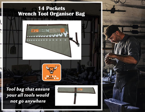 Wrench Roll Bag Organizer Tool Pouch Tools Bag Metric & SAE Hand Crafted, Heavy Weight, Water Proof Ballistic Polyester Oxford Canvas 14 Pocket - ...