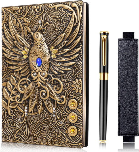 Vintage Phoenix Embossed Leather Notebook Travel Journal Daily Notebook Office Notebook,with Black Ballpoint Pen and Pen Sleeve.Antique Handmade,H...