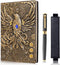 Vintage Phoenix Embossed Leather Notebook Travel Journal Daily Notebook Office Notebook,with Black Ballpoint Pen and Pen Sleeve.Antique Handmade,H...