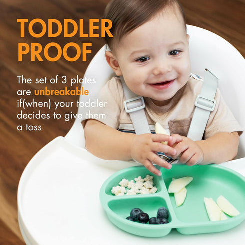 Boon Chow Silicone Plate Set - 3 Unbreakable Divided Toddler Plates - Baby Plates for 6 Months and Up - Baby Led Weaning Supplies - Mint Multicolo...