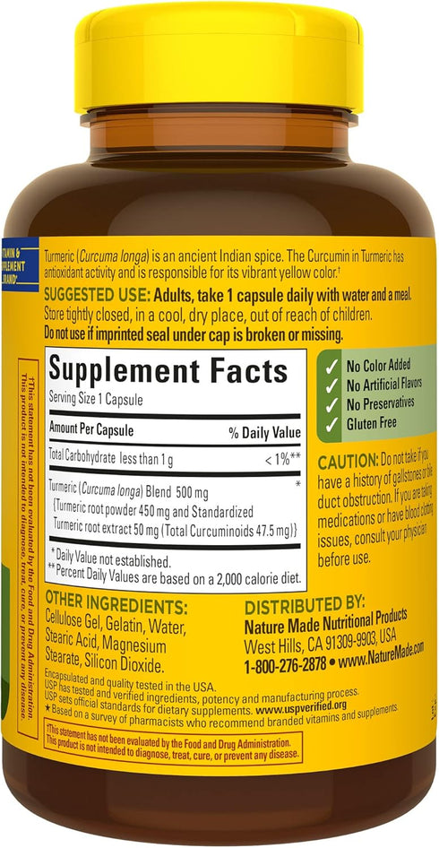 Nature Made Turmeric Curcumin 500 mg, Herbal Supplement for Antioxidant Support, 120 Capsules, 120 Day Supply...