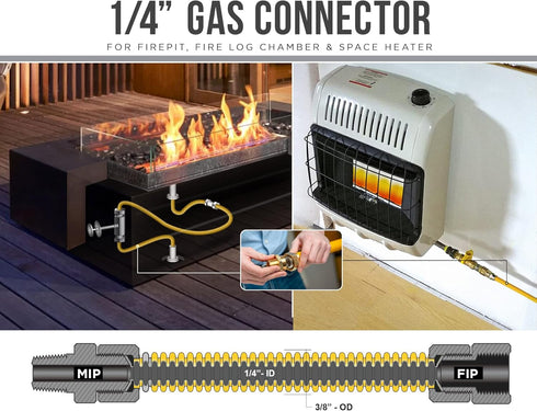 Gas Connector Kit 60 inch Yellow Coated Stainless Steel, 3/8” OD Flexible Gas Hose Connector for Gas Log and Space Heater, 1/2" FIP x 1/2" MIP Sta...