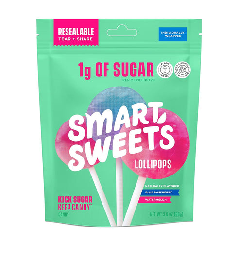 SmartSweets Lollipops, 3oz, Blue Raspberry & Watermelon Flavors, Hard Candy with Low Sugar (1g), Low Calorie (40), No Artificial Sweeteners, Plant...