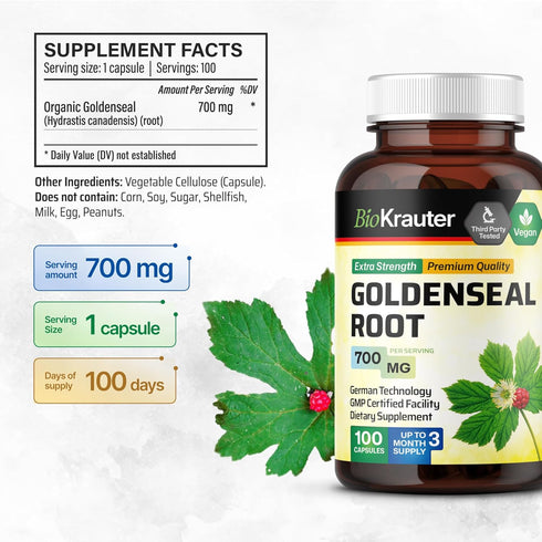 BIO KRAUTER Goldenseal Root Capsule 700 mg - 100 Golden Seal Powder Caps - Respiratory & Digestive Support - Vegan, No Fillers...