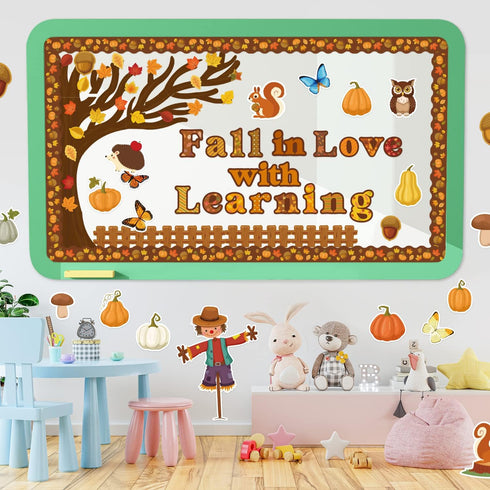 WATINC 170Pcs Fall Tree Learning Bulletin Board Decoration Set, Autumn Pumpkin Study Cut Outs Borders Decor, Thanksgiving Maple Leaves Cutout Wall...