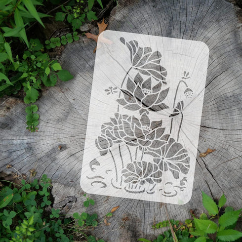 FINGERINSPIRE Lotus Water Lily Painting Stencil 11.7x8.3 inch Hollow Out Lotus Flower Bud Leaf Craft Stencil Fish Dragonfly Drawing Stencil Pond S...