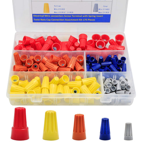 175PCS Electrical Wire Connectors Screw Terminals with Spring Insert Twist Nuts Caps Connection Assortment Set – Orange, Gray, Blue, Yellow and Re...