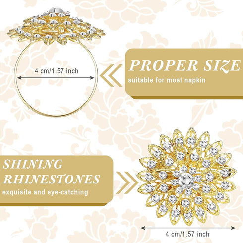 Geiserailie 6 Pcs Gold Flower Napkin Rings Alloy Floral Crystal Rhinestone Bling Holiday Shiny Napkins Ring Holders for Wedding Bridal Thanksgivin...