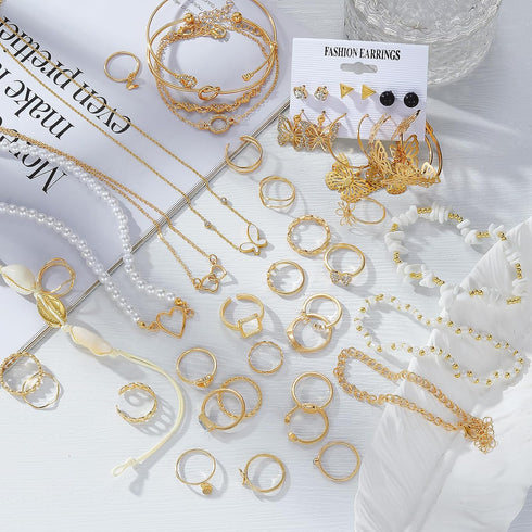 Gold Jewelry Sets for Women, Vintage Baroque Style Ladies Necklace/Rings/Bracelet and Earrings Jewelry Set, Fashion Indie Jewerly Pack Personality...