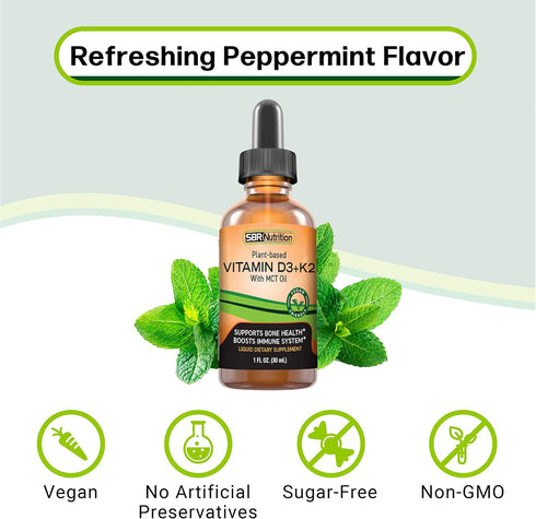 Vegan Vitamin D3 + K2 (MK-7) Liquid Drops with MCT Oil, Peppermint Flavor, Helps Support Strong Bones and Healthy Heart...