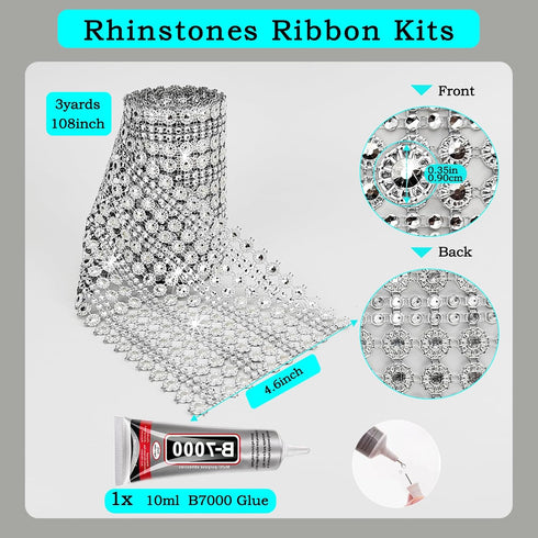3Yards Crystal Flower Rhinestone Ribbon with Glue, 4.5In/16Rows Rhinestone Mesh Fabric, Bling Rhinestone Ribbon Roll for Crafts, DIY Decoration(3Y...