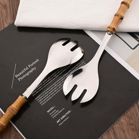 Serving Spoon and Fork Set, 304 Stainless Steel Serving Utensils with Natural Bamboo Handle, 10" Long Handle Serving Set for Kitchen Party Buffet,...